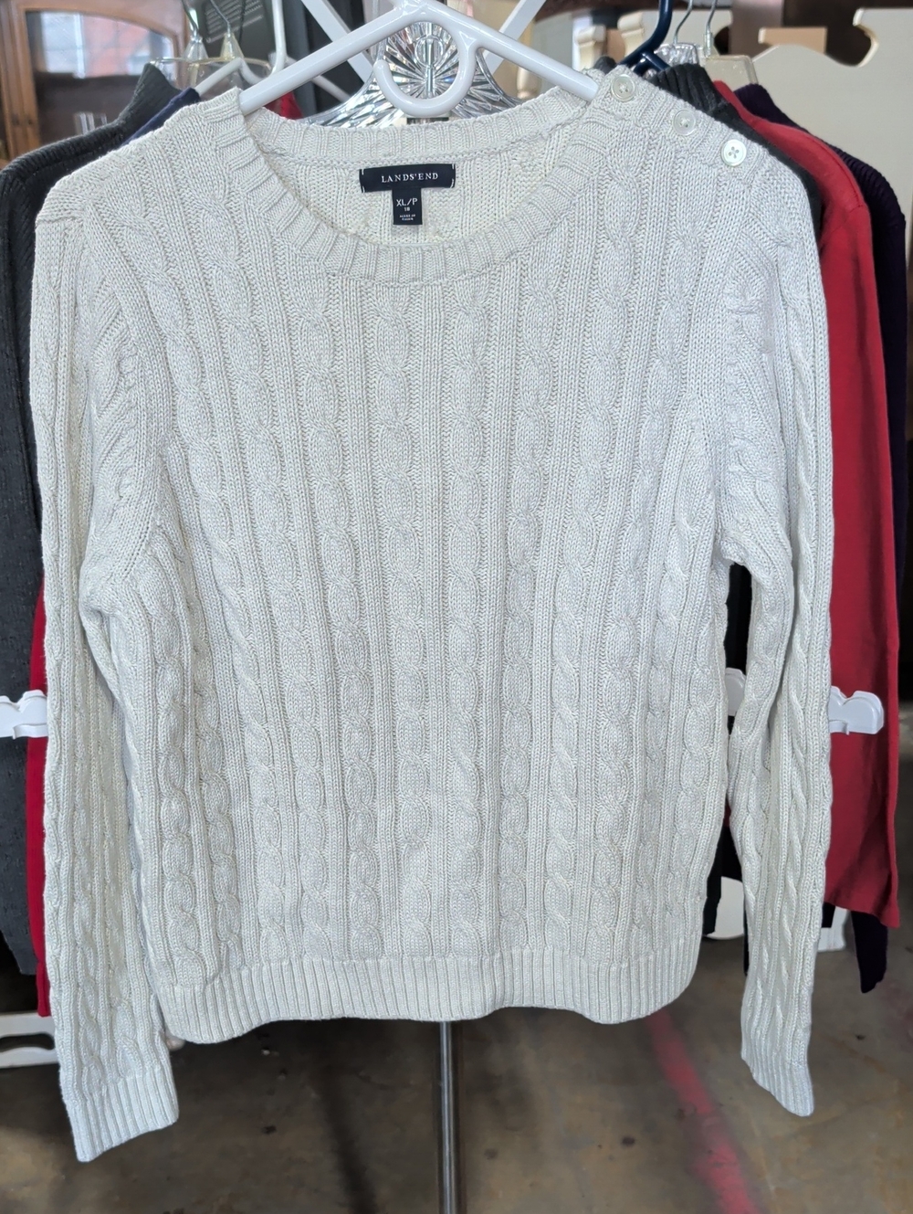 Lands' End White Cable-Knit Crewneck Sweater with Shoulder Buttons